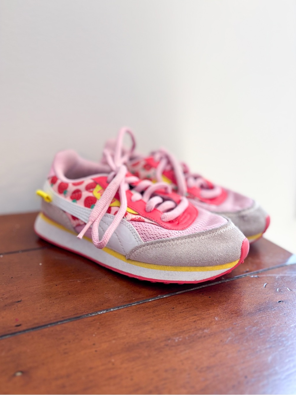 Puma Kids Pink Strawberry Print Sneakers with Yellow Accents